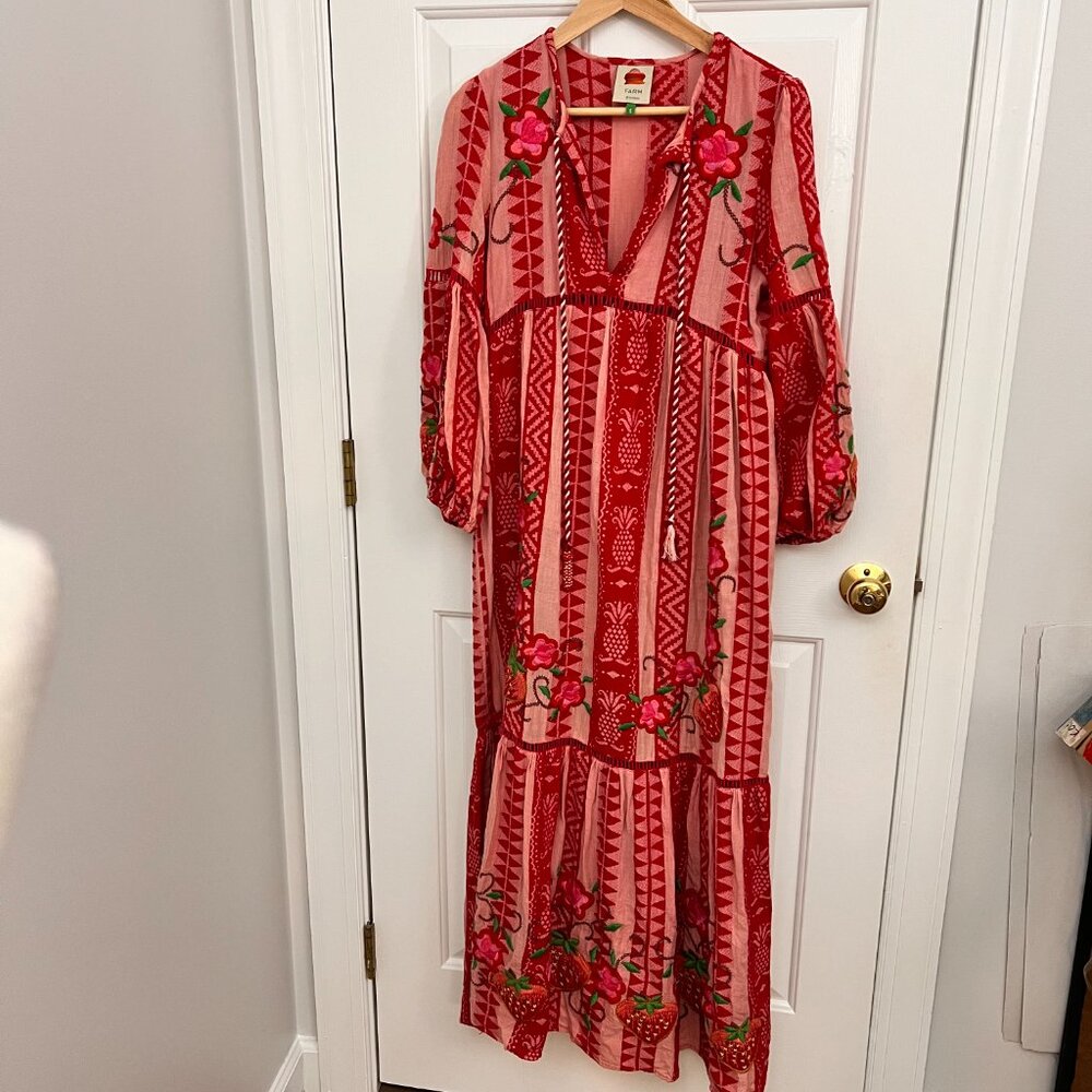 Farm Rio Strawberry Jacquard Cotton Maxi Dress Sz S - Picture 9 of 16